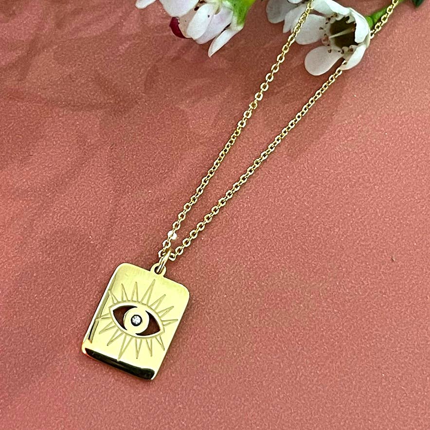 NK-582 | Engraved Eye with CZ Tag pendant necklace