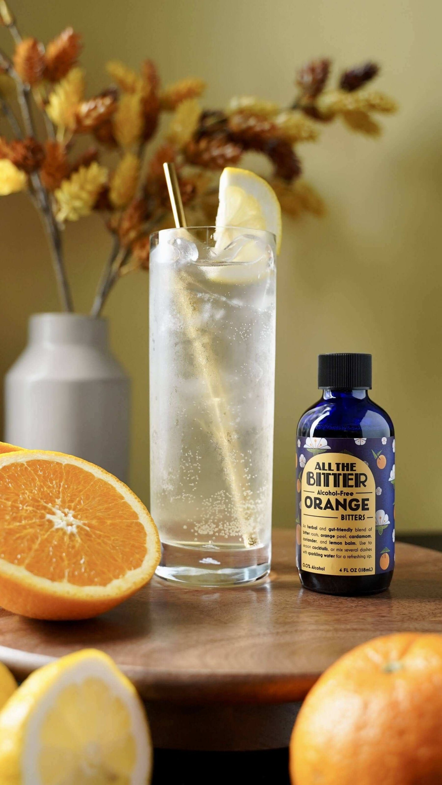 Bottle of non-alcoholic Orange Bitters with citrus and herbal ingredients for cocktails and beverages