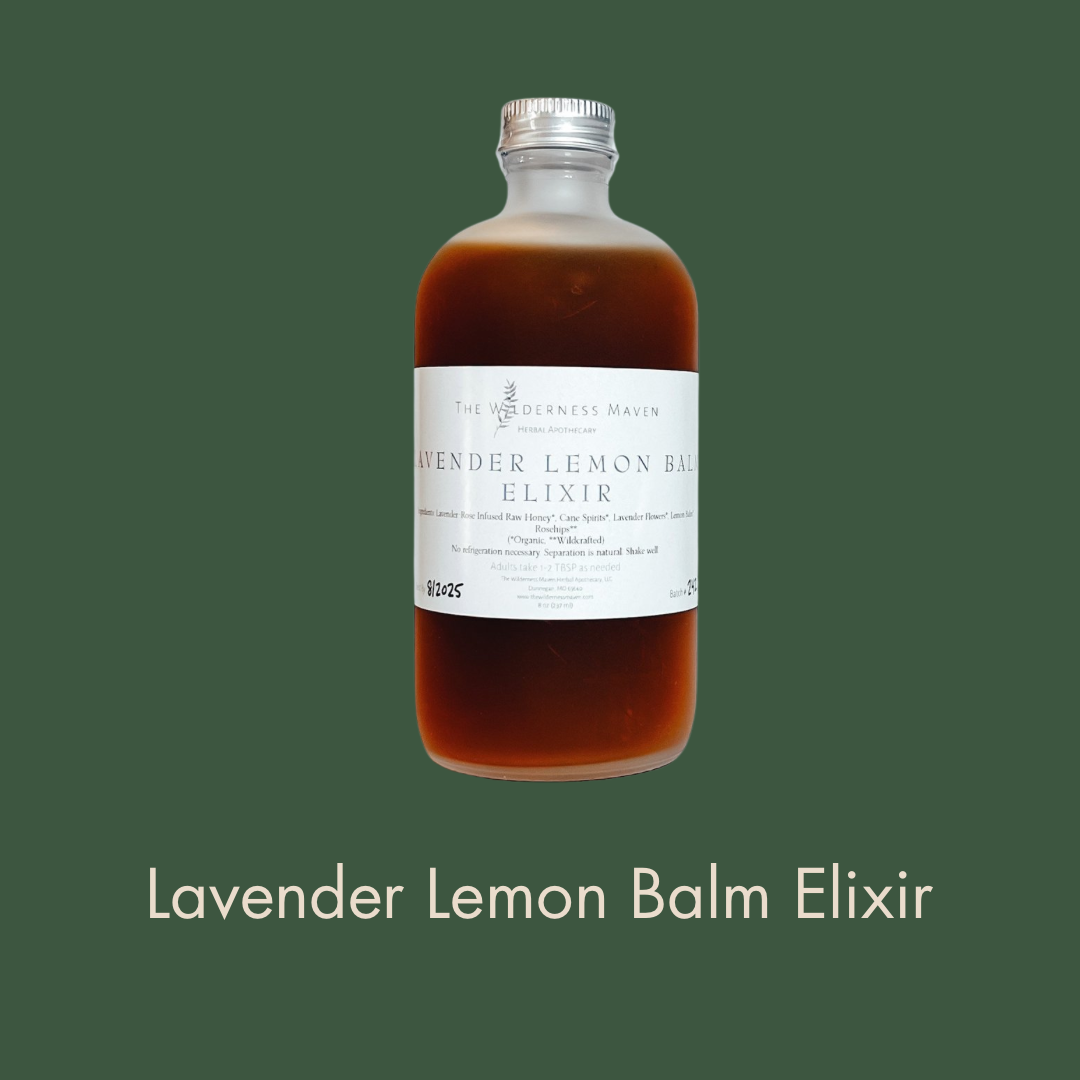 Bottle of Lavender Lemon Balm Elixir with herbs and sparkling water for a calming summer drink
