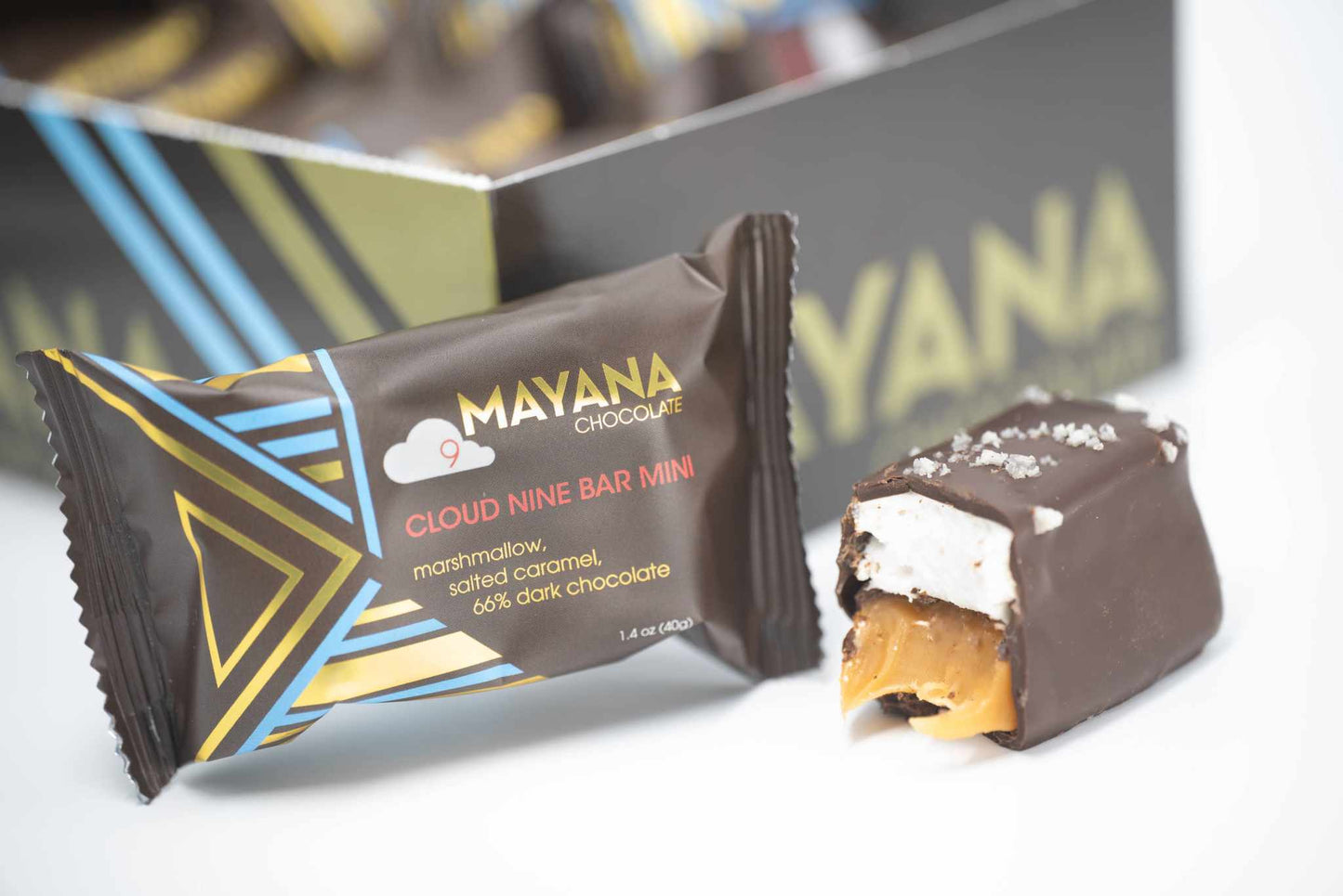 Cloud 9 Mini Bar with marshmallow salted caramel and dark chocolate layers in a 1.4 oz candy bar