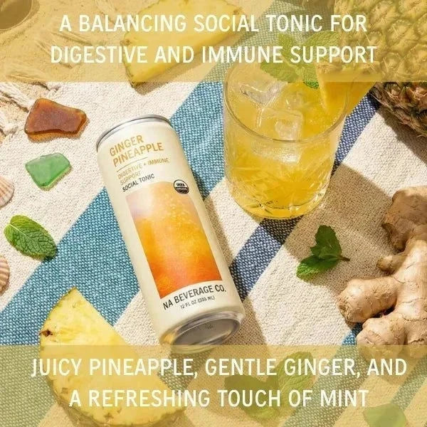 Bottle of Ginger Pineapple tonic with ginger, pineapple, and herbal ingredients for digestion and immune support